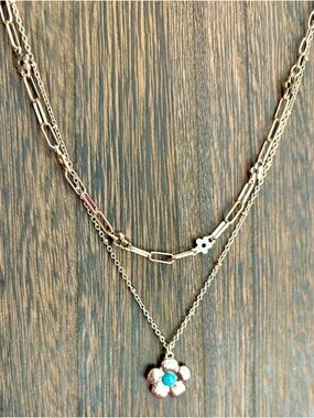 Layered Gold Flower Pendant Necklace with Turquoise Accent